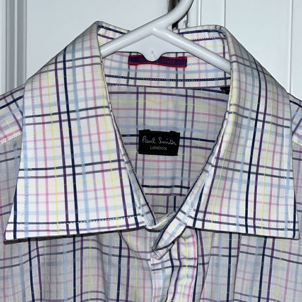 Paul Smith London LS White Pink Purple Check dress shirt 38 euro 15 x33/34 M